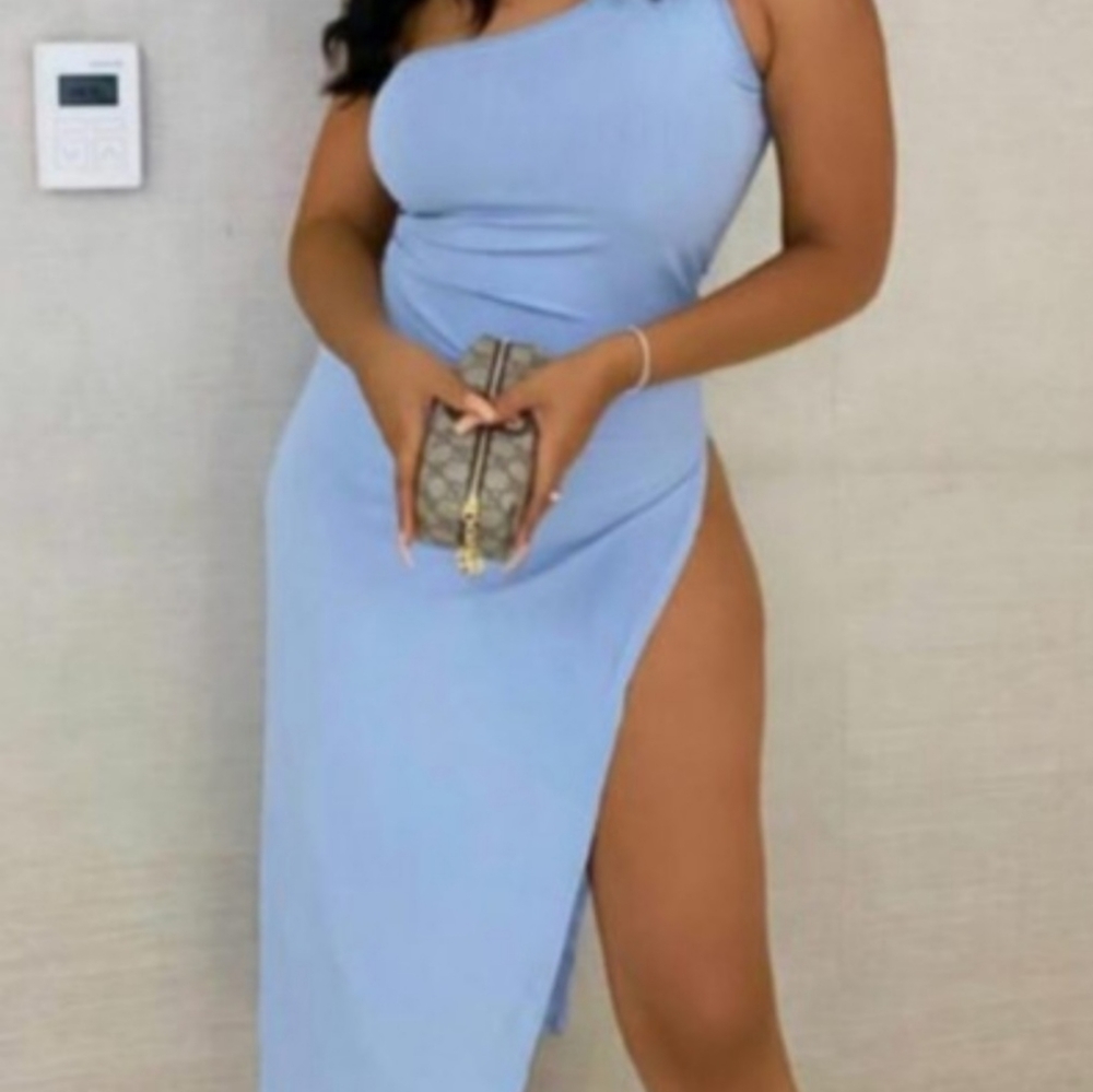 One Shoulder Blue Mid Calf Dress